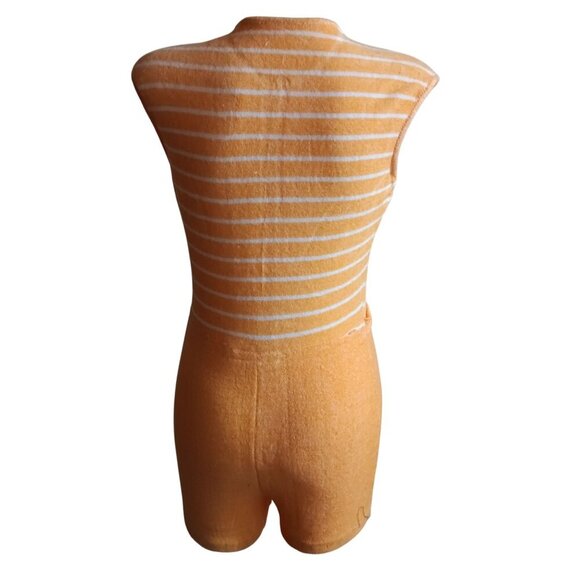 Small Vintage 80's Orange Striped Terry Cloth Womens Romper Zipper & Belt Tie - Picture 2 of 8